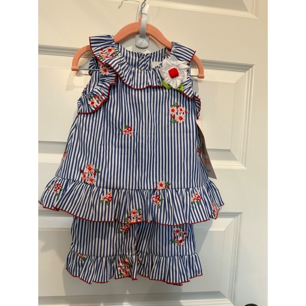 Rare Editions Girls 2T Navy White Striped Floral Embroidered 2 Piece Set E272880